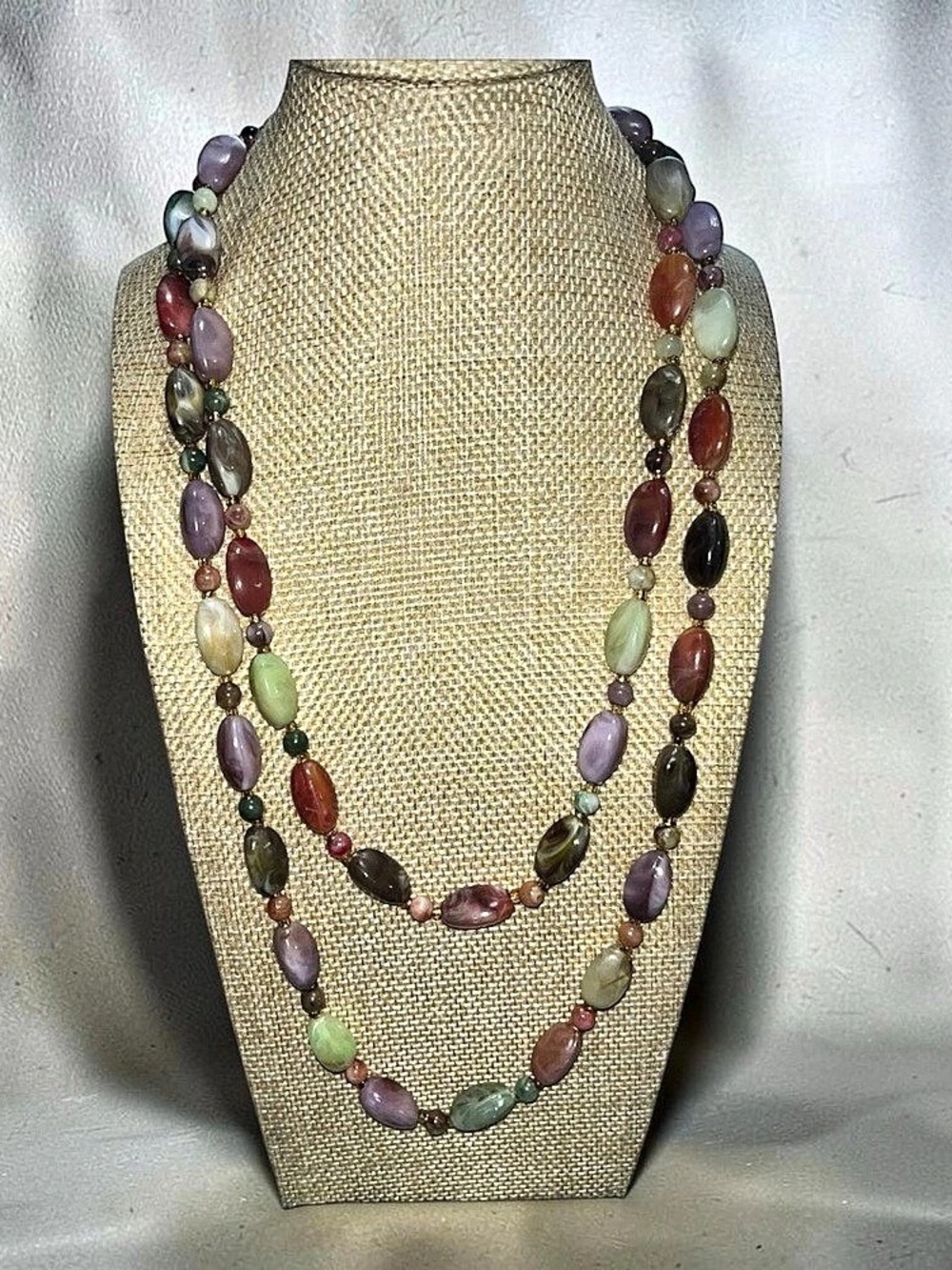 Vintage 46" Long Faux Agate Beggar Bead Rope Necklace - Multi-Color Marbled Luci